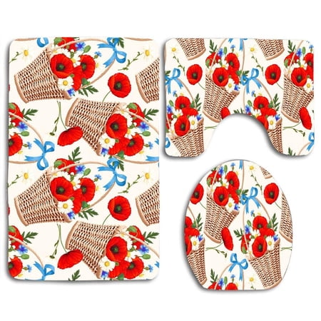 GOHAO Poppies Flowers in Basket 3 Piece Bathroom Rugs Set Bath Rug Contour Mat and Toilet Lid Cover