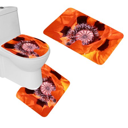 GOHAO Poppy Petal Flower 3 Piece Bathroom Rugs Set Bath Rug Contour Mat and Toilet Lid Cover