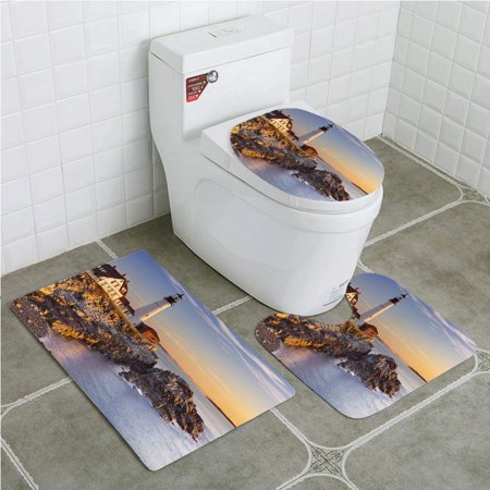 GOHAO Portland Lighthouse Maine USA at Sunrise 3 Piece Bathroom Rugs Set Bath Rug Contour Mat and Toilet Lid Cover