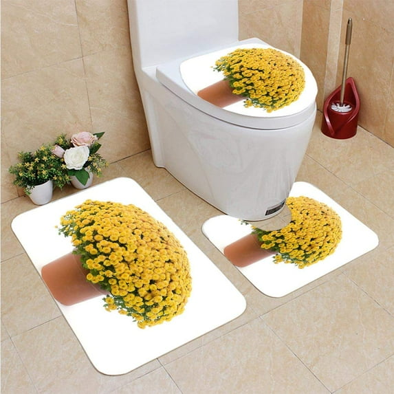 GOHAO Potted Chrysanthemum Mums 3 Piece Bathroom Rugs Set Bath Rug Contour Mat and Toilet Lid Cover