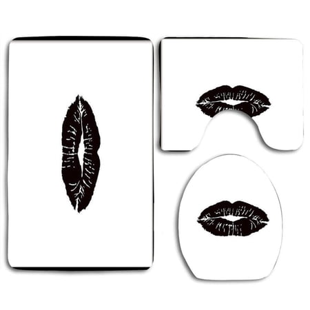 GOHAO Pretty Poster Black Lips in Front a White 3 Piece Bathroom Rugs Set Bath Rug Contour Mat and Toilet Lid Cover