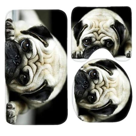 GOHAO Pug Dog 3 Piece Bathroom Rugs Set Bath Rug Contour Mat and Toilet Lid Cover