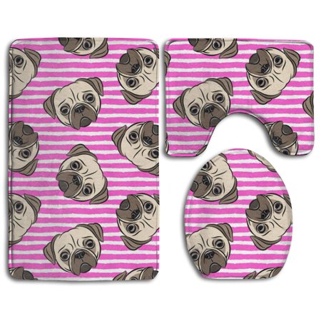 GOHAO Pug Face 3 Piece Bathroom Rugs Set Bath Rug Contour Mat and Toilet Lid Cover