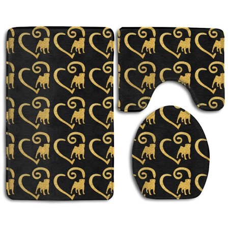 GOHAO Pug Heart Bathroom Rug Set Bath Rug Set 3 Piece Bathroom Rugs Set Bath Rug Contour Mat and Toilet Lid Cover