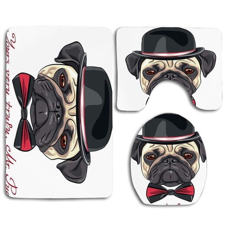 GOHAO Pug sketch Style Hipster Dog Frowning Sad Face Pure Bred Top Hat and a Bow Tie Mr Pug black Red Cream 3 Piece Bathroom Rugs Set Bath Rug Contour Mat and Toilet Lid Cover