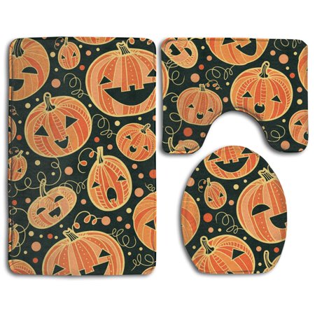 GOHAO Pumpkin Patterns 3 Piece Bathroom Rugs Set Bath Rug Contour Mat and Toilet Lid Cover