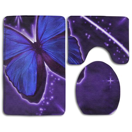 GOHAO Purple Abstract Butterfly Stars 3 Piece Bathroom Rugs Set Bath Rug Contour Mat and Toilet Lid Cover