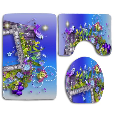 GOHAO Purple Bird Song 3 Piece Bathroom Rugs Set Bath Rug Contour Mat and Toilet Lid Cover