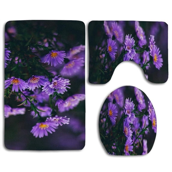 GOHAO Purple Flower Blossom 3 Piece Bathroom Rugs Set Bath Rug Contour Mat and Toilet Lid Cover