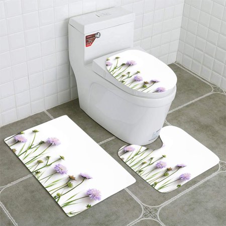 GOHAO Purple Flowers On White 3 Piece Bathroom Rugs Set Bath Rug Contour Mat and Toilet Lid Cover