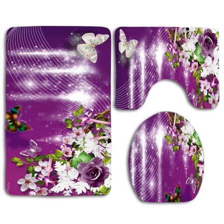 GOHAO Purple Roses Falling Rain 3 Piece Bathroom Rugs Set Bath Rug Contour Mat and Toilet Lid Cover