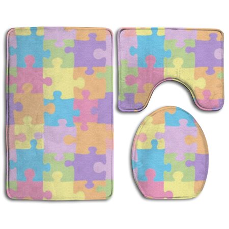 GOHAO Puzzle Autism 3 Piece Bathroom Rugs Set Bath Rug Contour Mat and Toilet Lid Cover