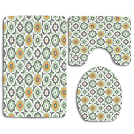 GOHAO Quatrefoil Lotus Figures Floral Shapes Moroccan Tile Eastern Inspired Retro 3 Piece Bathroom Rugs Set Bath Rug Contour Mat and Toilet Lid Cover