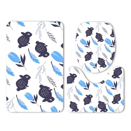 GOHAO Rabbit Flower Feather Blue Branch Plant Easter 3 Piece Bathroom Rugs Set Bath Rug Contour Mat and Toilet Lid Cover
