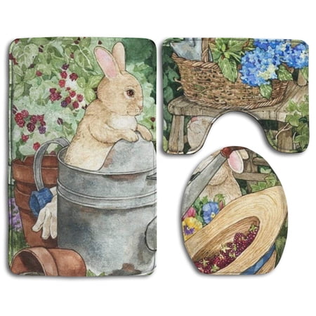 GOHAO Rabbit Flower Watering Can 3 Piece Bathroom Rugs Set Bath Rug Contour Mat and Toilet Lid Cover
