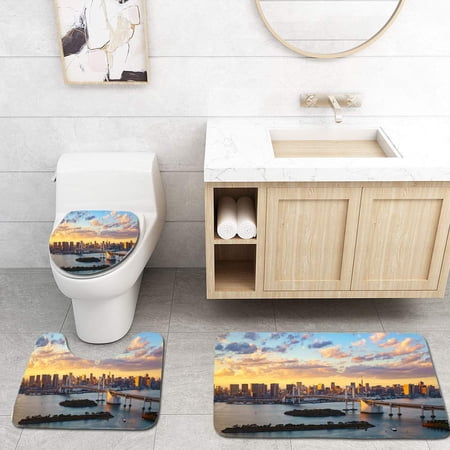 GOHAO Rainbow Bridge 3 Piece Bathroom Rugs Set Bath Rug Contour Mat and Toilet Lid Cover