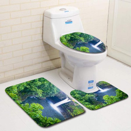 GOHAO Rainbow Falls Hawaii 3 Piece Bathroom Rugs Set Bath Rug Contour Mat and Toilet Lid Cover