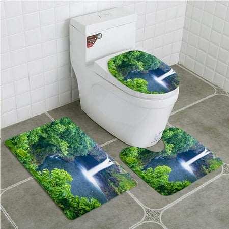GOHAO Rainbow Falls Hawaii 3 Piece Bathroom Rugs Set Bath Rug Contour Mat and Toilet Lid Cover