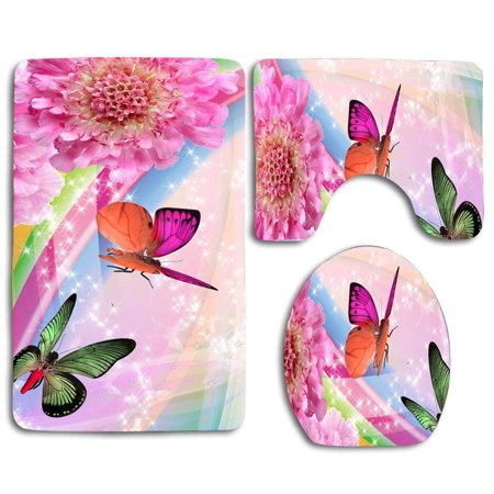 GOHAO Rainbow Flowers Butterflies 3 Piece Bathroom Rugs Set Bath Rug Contour Mat and Toilet Lid Cover