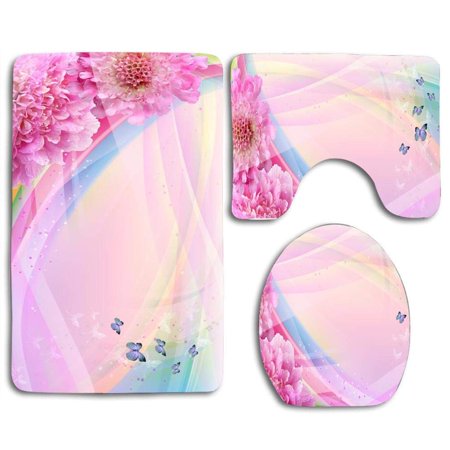 GOHAO Rainbow Flowers Butterfly 3 Piece Bathroom Rugs Set Bath Rug Contour Mat and Toilet Lid Cover