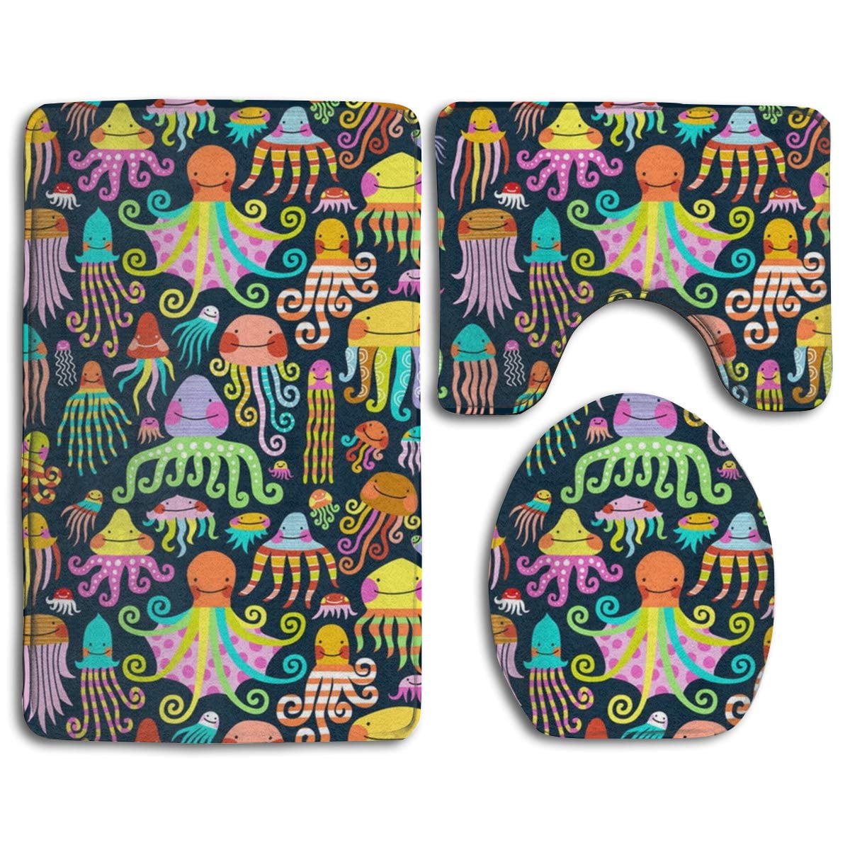 GOHAO Rainbow Octopus Squid Jellyfish 3 Piece Bathroom Rugs Set Bath