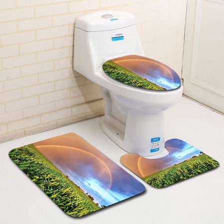GOHAO Rainbow Over Wheat Field Nature Landscape 3 Piece Bathroom Rugs Set Bath Rug Contour Mat and Toilet Lid Cover