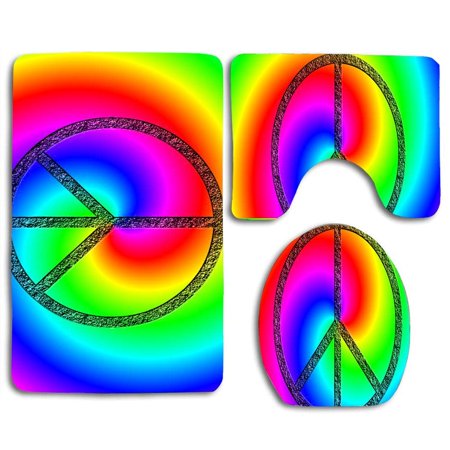 GOHAO Rainbow Peace 3 Piece Bathroom Rugs Set Bath Rug Contour Mat and Toilet Lid Cover
