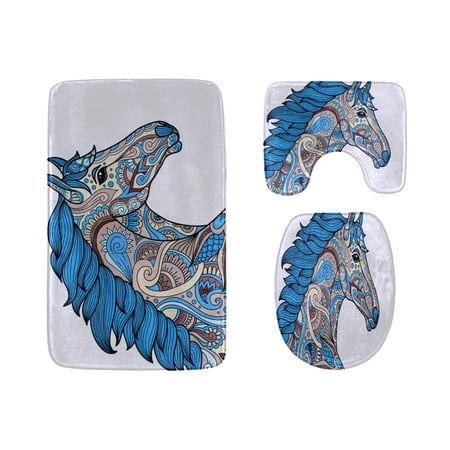 GOHAO Rainbow Water Running White Horse in Flowers 3 Piece Bathroom Rugs Set Bath Rug Contour Mat and Toilet Lid Cover