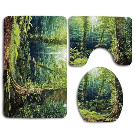 GOHAO Rainforest Morning Sunbeam Shine Through Wild Forest Ivy on Trees Tranquility in Nature 3 Piece Bathroom Rugs Set Bath Rug Contour Mat and Toilet Lid Cover