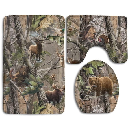 GOHAO Real Tree Camos 3 Piece Bathroom Rugs Set Bath Rug Contour Mat and Toilet Lid Cover