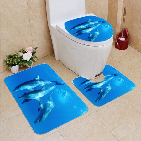 GOHAO Recreational snorkelers Swimming Dolphins in Sea Egypt 3 Piece Bathroom Rugs Set Bath Rug Contour Mat and Toilet Lid Cover