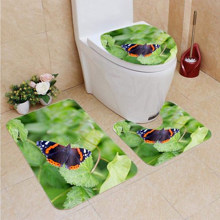 GOHAO Red Admiral 3 Piece Bathroom Rugs Set Bath Rug Contour Mat and Toilet Lid Cover