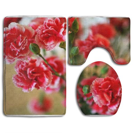 GOHAO Red Beautiful Carnation 3 Piece Bathroom Rugs Set Bath Rug Contour Mat and Toilet Lid Cover