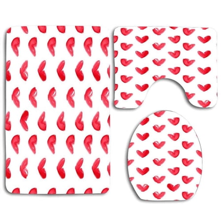 GOHAO Red Cute Hearts Love 3 Piece Bathroom Rugs Set Bath Rug Contour Mat and Toilet Lid Cover