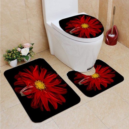 GOHAO Red Dahlia 3 Piece Bathroom Rugs Set Bath Rug Contour Mat and Toilet Lid Cover