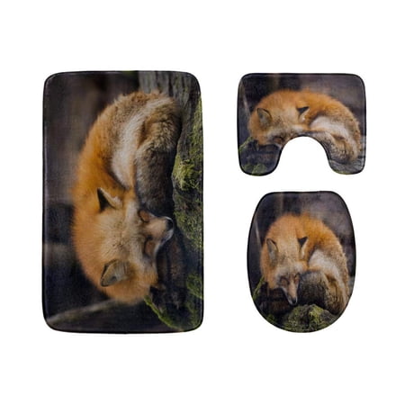 GOHAO Red Fox Lying Under Tree 3 Piece Bathroom Rugs Set Bath Rug Contour Mat and Toilet Lid Cover