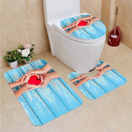 GOHAO Red He in Child Kid Mother Hands Old Wooden Table 3 Piece Bathroom Rugs Set Bath Rug Contour Mat and Toilet Lid Cover