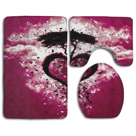 GOHAO Red Love Heart Tree Island 3 Piece Bathroom Rugs Set Bath Rug Contour Mat and Toilet Lid Cover