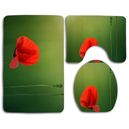 GOHAO Red Poppy Flower Close up Green Background 3 Piece Bathroom Rugs Set Bath Rug Contour Mat and Toilet Lid Cover