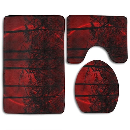 GOHAO Red Sky Blood Moon 3 Piece Bathroom Rugs Set Bath Rug Contour Mat and Toilet Lid Cover