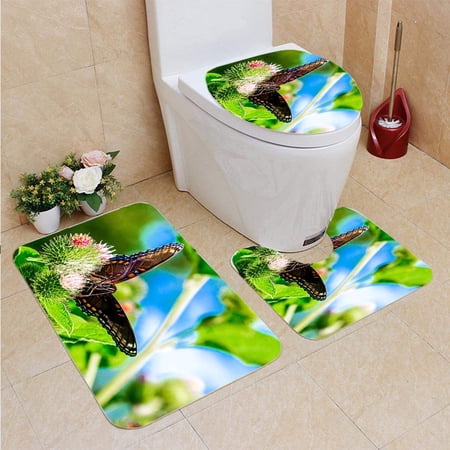 GOHAO Red Spotted Admiral 3 Piece Bathroom Rugs Set Bath Rug Contour Mat and Toilet Lid Cover