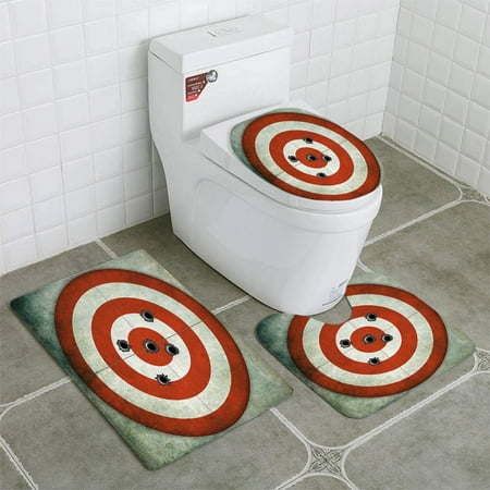 GOHAO Red and White Circular Target Bullet Holes 3 Piece Bathroom Rugs Set Bath Rug Contour Mat and Toilet Lid Cover