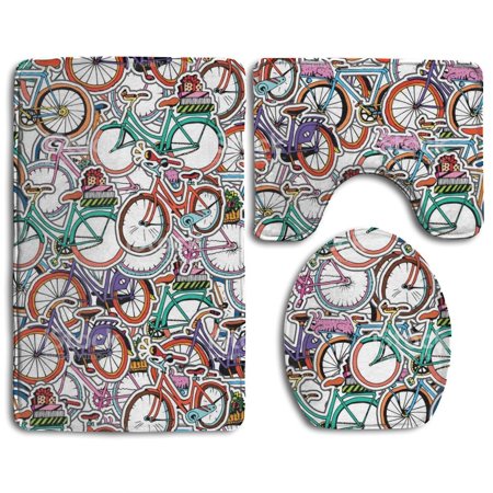 GOHAO Retro Bicycle 3 Piece Bathroom Rugs Set Bath Rug Contour Mat and Toilet Lid Cover