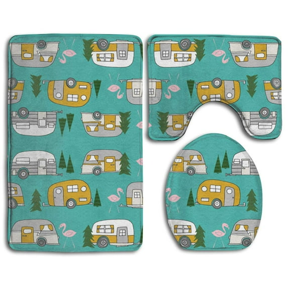 GOHAO Retro Camper Flamingo 3 Piece Bathroom Rugs Set Bath Rug Contour Mat and Toilet Lid Cover