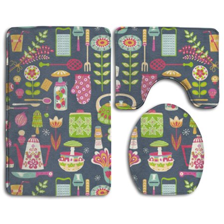 GOHAO Retro Kitchen in Blue 3 Piece Bathroom Rugs Set Bath Rug Contour Mat and Toilet Lid Cover