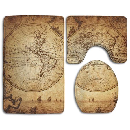 GOHAO Retro Old Map Sea 3 Piece Bathroom Rugs Set Bath Rug Contour Mat and Toilet Lid Cover