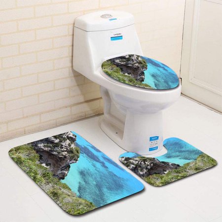 GOHAO Rocky Coastline Formentera Island Spain 3 Piece Bathroom Rugs Set Bath Rug Contour Mat and Toilet Lid Cover