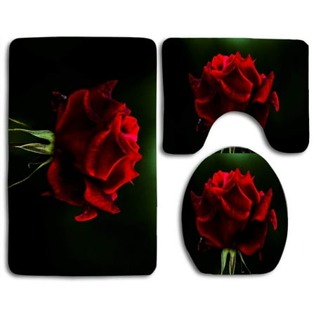 GOHAO Rose Flower 3 Piece Bathroom Rugs Set Bath Rug Contour Mat and Toilet Lid Cover