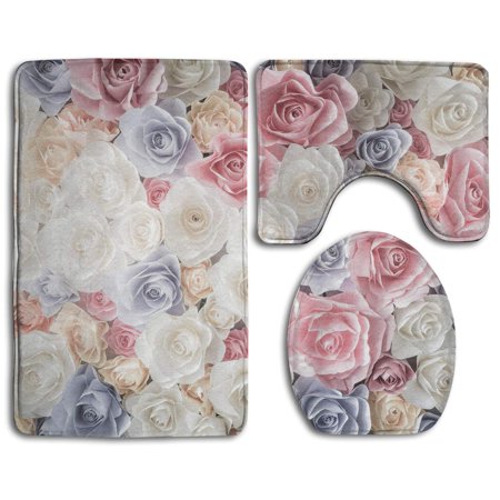 GOHAO Roses 3 Piece Bathroom Rugs Set Bath Rug Contour Mat and Toilet Lid Cover
