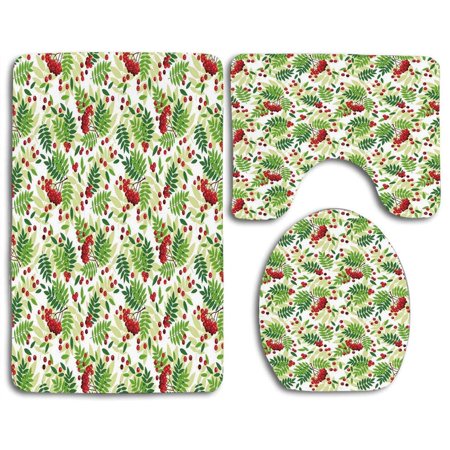 GOHAO Rowan Green Leaves Wild Mountain Fruits Raceme Continuous Seasonal 3 Piece Bathroom Rugs Set Bath Rug Contour Mat and Toilet Lid Cover